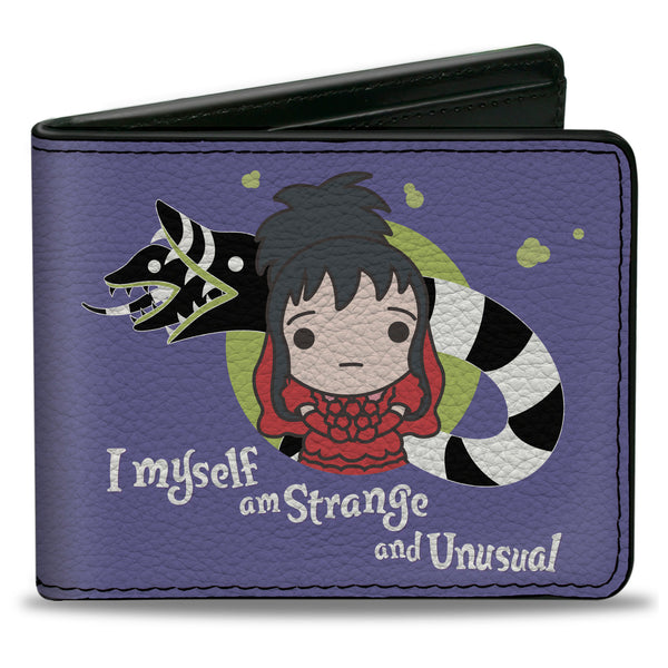 Buckle-Down Bi-Fold Wallet - Beetlejuice Chibi Lydia and Sandworm STRANGE AND UNUSUAL Pose Blue