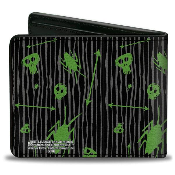 Buckle-Down Bi-Fold Wallet - BEETLEJUICE Roach Skull Doodles Collage Black Gray Green Purple