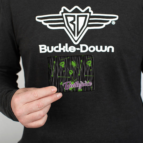 Buckle-Down Bi-Fold Wallet - BEETLEJUICE Roach Skull Doodles Collage Black Gray Green Purple