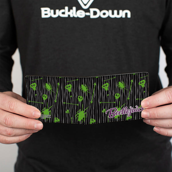 Buckle-Down Bi-Fold Wallet - BEETLEJUICE Roach Skull Doodles Collage Black Gray Green Purple