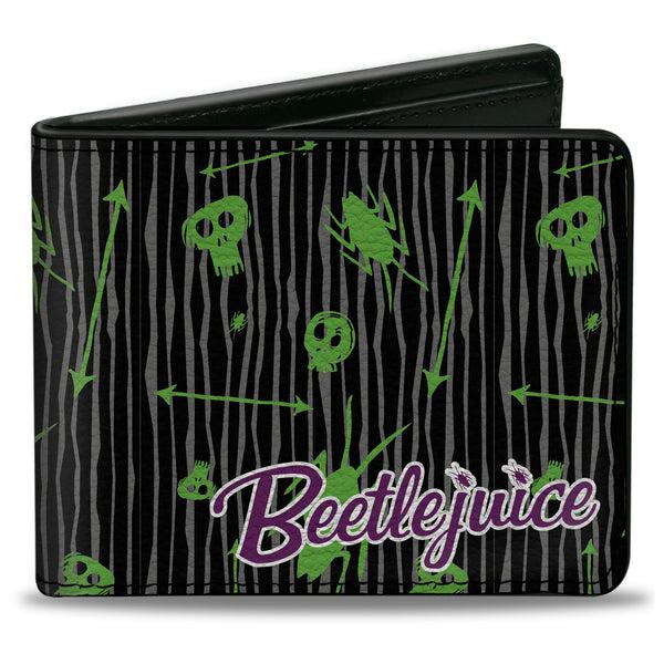 Buckle-Down Bi-Fold Wallet - BEETLEJUICE Roach Skull Doodles Collage Black Gray Green Purple