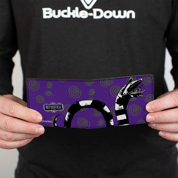 Buckle-Down Bi-Fold Wallet - Beetlejuice Sandworm Swirls + Logo Purple Green Black White