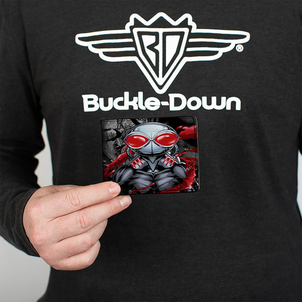 Buckle-Down Bi-Fold Wallet - Black Manta Pose Aquaman Issue 23 1 Cover Scene Grays Reds