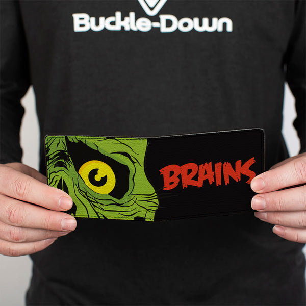 Buckle-Down Bi-Fold Wallet - BRAINS Zombie Face CLOSE-UP Black Red Green Yellow