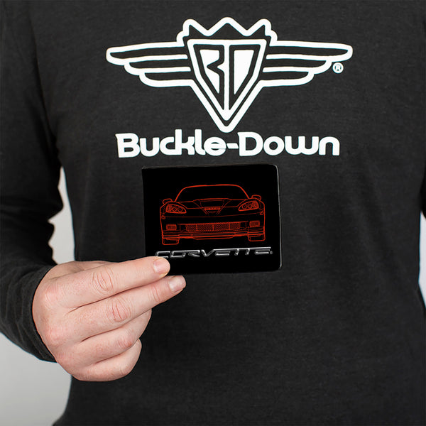 Buckle-Down Bi-Fold Wallet - C6 Frontview + Rearview Blueprints Black Red