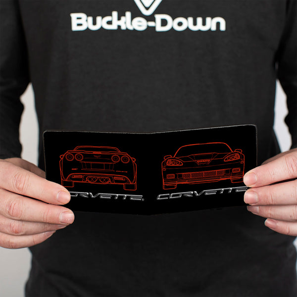 Buckle-Down Bi-Fold Wallet - C6 Frontview + Rearview Blueprints Black Red