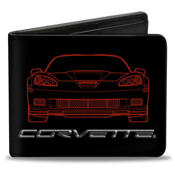 Buckle-Down Bi-Fold Wallet - C6 Frontview + Rearview Blueprints Black Red