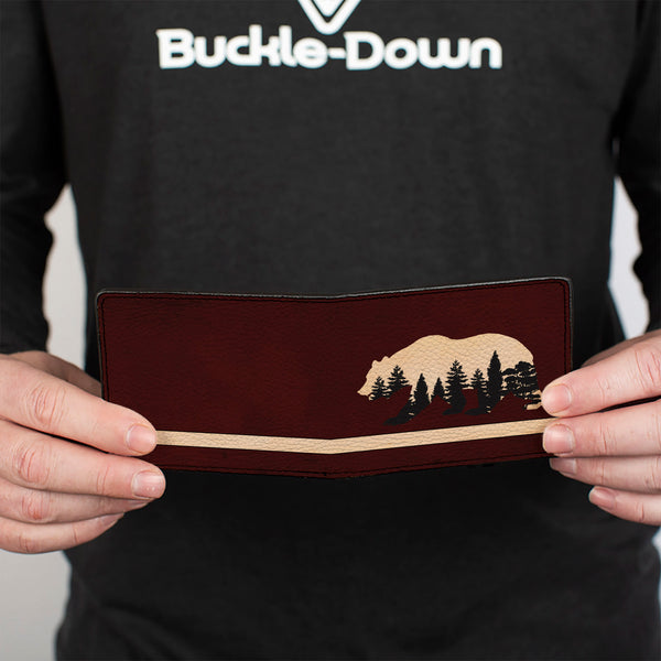 Buckle-Down Bi-Fold Wallet - Cali Bear Silhouette With Trees Stripe Burgundy/Tan/Black