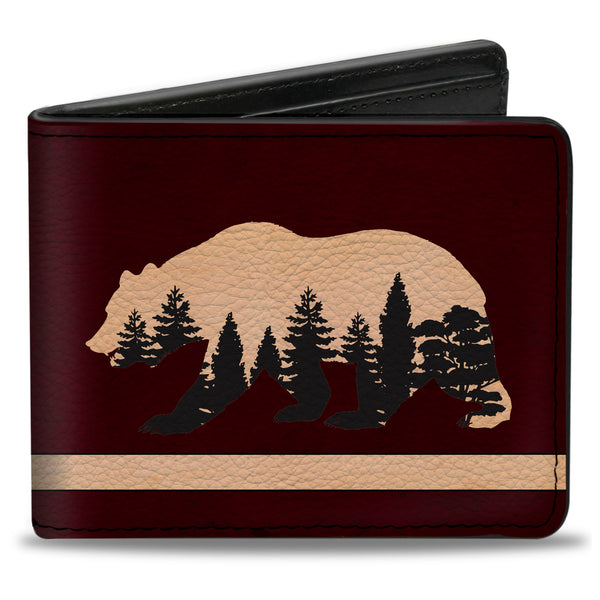 Buckle-Down Bi-Fold Wallet - Cali Bear Silhouette with Trees Stripe Burgundy/Tan/Black