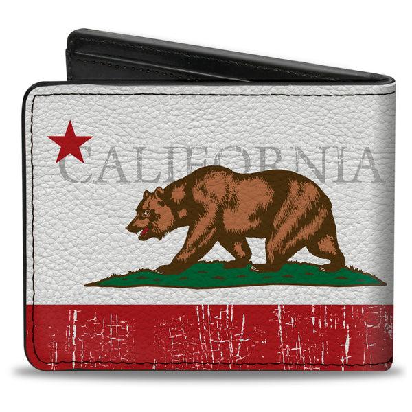 Buckle-Down Bi-Fold Wallet - CALIFORNIA Bear Star Crackle Stripe White Gray Red