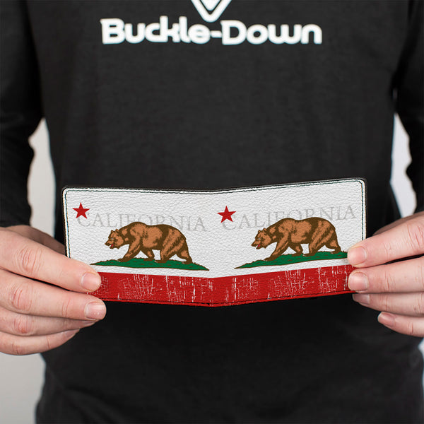 Buckle-Down Bi-Fold Wallet - CALIFORNIA Bear Star Crackle Stripe White Gray Red