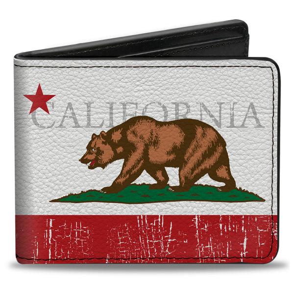 Buckle-Down Bi-Fold Wallet - CALIFORNIA Bear Star Crackle Stripe White Gray Red