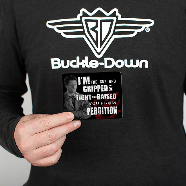 Buckle-Down Bi-Fold Wallet - Castiel Pose I'M THE ONE WHO GRIPPED YOU TIGHT AND RAISED YOU FROM PERDITION + SUPERNATURAL Black Grays Red White