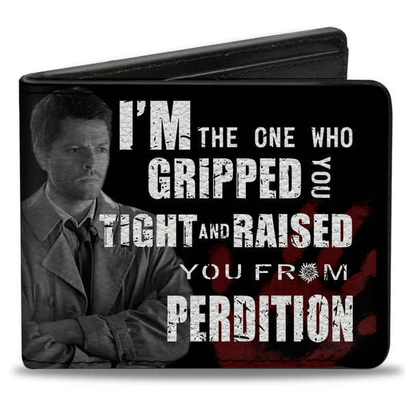 Buckle-Down Bi-Fold Wallet - Castiel Pose I'M THE ONE WHO GRIPPED YOU TIGHT AND RAISED YOU FROM PERDITION + SUPERNATURAL Black Grays Red White