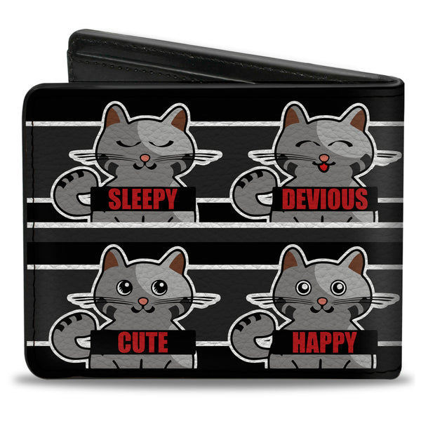 Buckle-Down Bi-Fold Wallet - Cat 6-Mood Poses Stripe Black White Grays