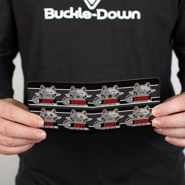 Buckle-Down Bi-Fold Wallet - Cat 6-Mood Poses Stripe Black White Grays