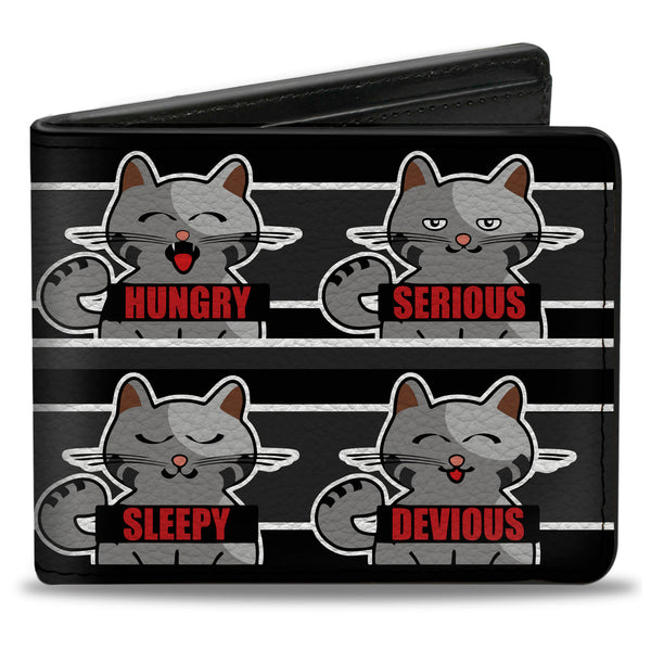 Buckle-Down Bi-Fold Wallet - Cat 6-Mood Poses Stripe Black White Grays