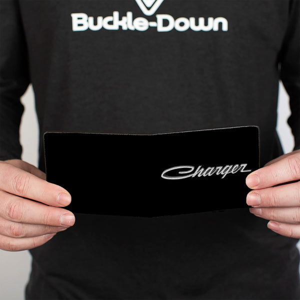 Buckle-Down Bi-Fold Wallet - CHARGER Script Emblem Corner Black Silver Fade White