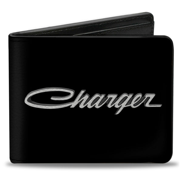 Buckle-Down Bi-Fold Wallet - CHARGER Script Emblem Corner Black Silver Fade White