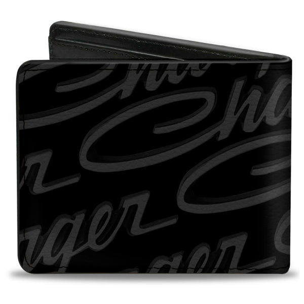 Buckle-Down Bi-Fold Wallet - CHARGER Script Emblem Repeat Corner Black Grays White