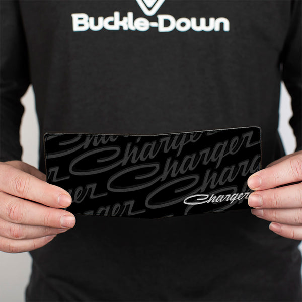 Buckle-Down Bi-Fold Wallet - CHARGER Script Emblem Repeat Corner Black Grays White