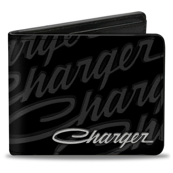 Buckle-Down Bi-Fold Wallet - CHARGER Script Emblem Repeat Corner Black Grays White
