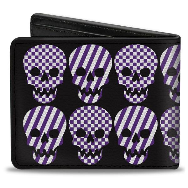 Buckle-Down Bi-Fold Wallet - Checker & Stripe Skulls Black White Purple