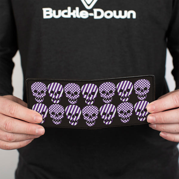 Buckle-Down Bi-Fold Wallet - Checker & Stripe Skulls Black White Purple