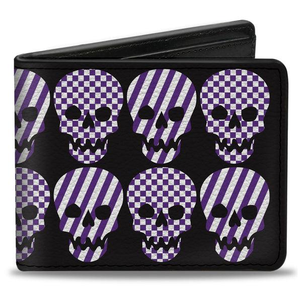 Buckle-Down Bi-Fold Wallet - Checker & Stripe Skulls Black White Purple