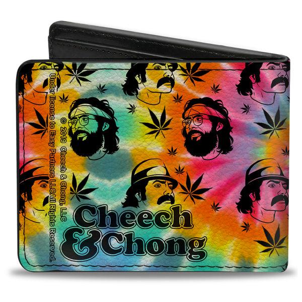 Buckle-Down Bi-Fold Wallet - CHEECH & CHONG Caricature Faces Pot Leaves Scattered Tie Dye Multi Color Black