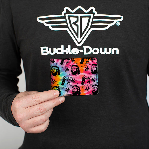 Buckle-Down Bi-Fold Wallet - CHEECH & CHONG Caricature Faces Pot Leaves Scattered Tie Dye Multi Color Black