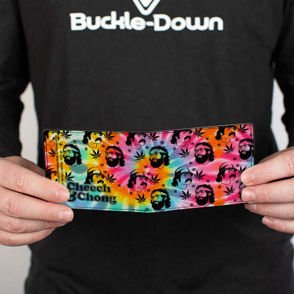 Buckle-Down Bi-Fold Wallet - CHEECH & CHONG Caricature Faces Pot Leaves Scattered Tie Dye Multi Color Black