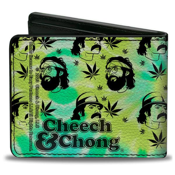 Buckle-Down Bi-Fold Wallet - CHEECH & CHONG Caricature Faces/Pot Leaves Scattered Tie Dye Greens/Black