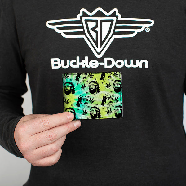 Buckle-Down Bi-Fold Wallet - CHEECH & CHONG Caricature Faces/Pot Leaves Scattered Tie Dye Greens/Black