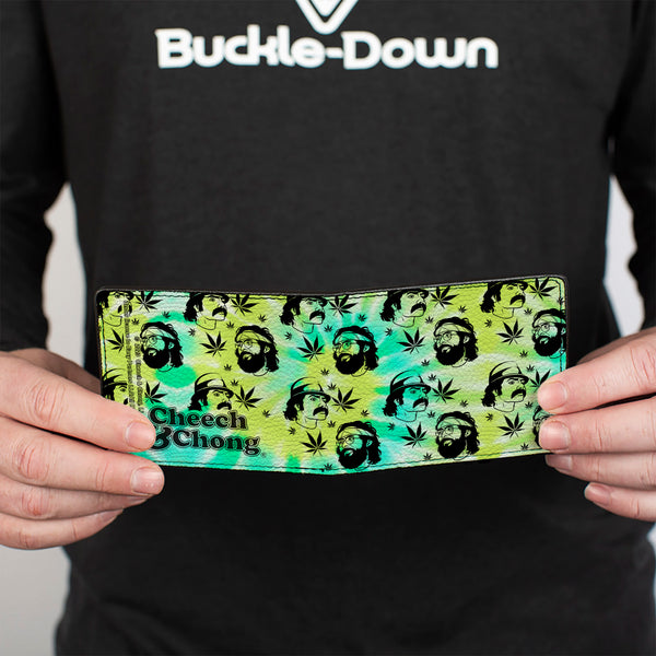 Buckle-Down Bi-Fold Wallet - CHEECH & CHONG Caricature Faces/Pot Leaves Scattered Tie Dye Greens/Black
