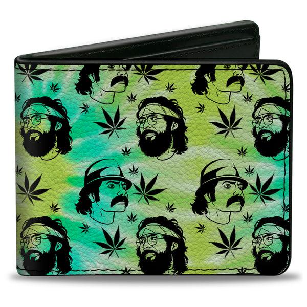 Buckle-Down Bi-Fold Wallet - CHEECH & CHONG Caricature Faces/Pot Leaves Scattered Tie Dye Greens/Black