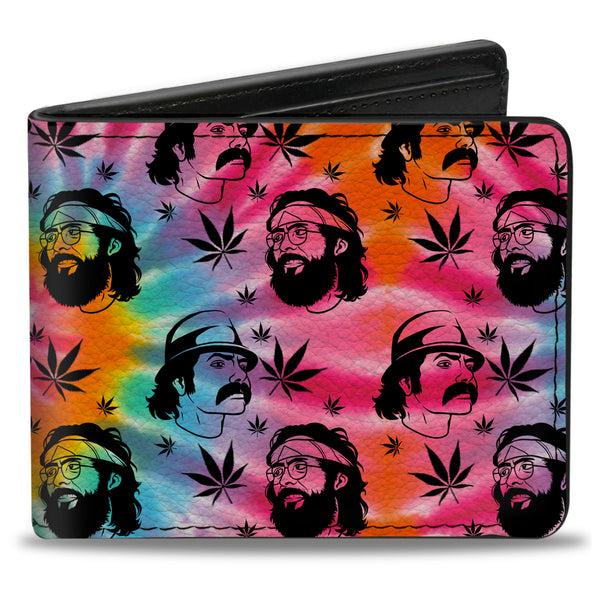 Buckle-Down Bi-Fold Wallet - CHEECH & CHONG Caricature Faces Pot Leaves Scattered Tie Dye Multi Color Black
