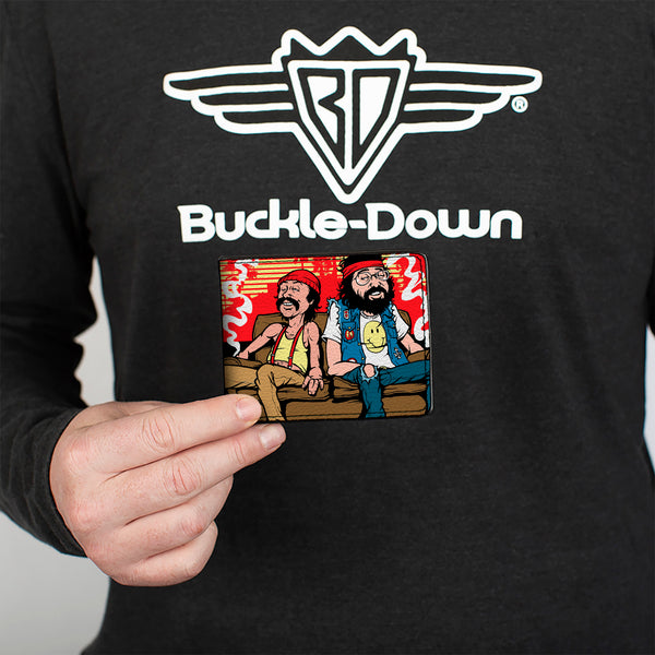 Buckle-Down Bi-Fold Wallet - Cheech & Chong On Couch Cartoon + Smoke Cloud Logo Black Blue White