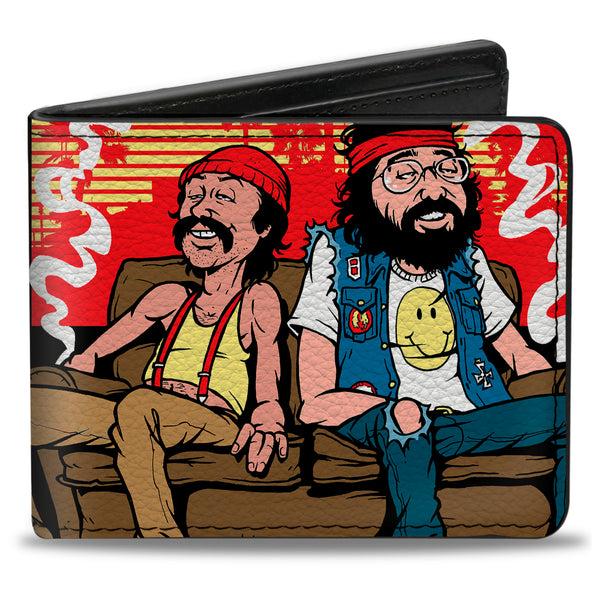 Buckle-Down Bi-Fold Wallet - Cheech & Chong on Couch Cartoon + Smoke Cloud Logo Black Blue White