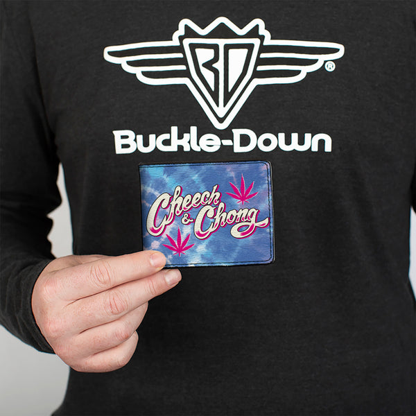 Buckle-Down Bi-Fold Wallet - CHEECH & CHONG Title Logo With Bud Leaf Tie Dye Blues/Pinks/White