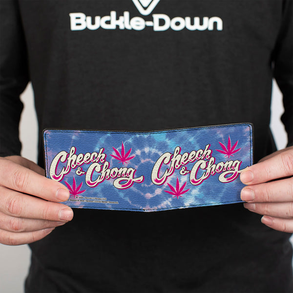 Buckle-Down Bi-Fold Wallet - CHEECH & CHONG Title Logo With Bud Leaf Tie Dye Blues/Pinks/White