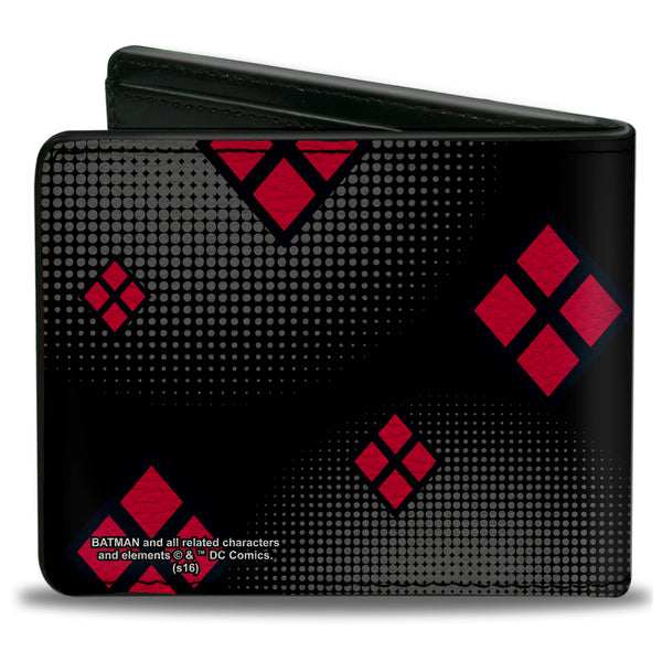 Buckle-Down Bi-Fold Wallet - Chibi Harley Quinn Splits Dots Diamonds Black Gray Red