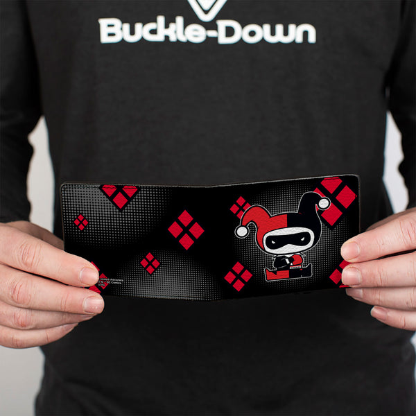 Buckle-Down Bi-Fold Wallet - Chibi Harley Quinn Splits Dots Diamonds Black Gray Red