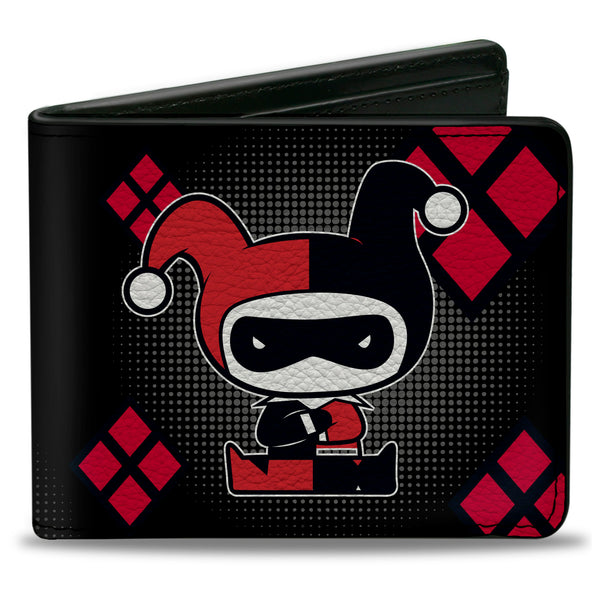 Buckle-Down Bi-Fold Wallet - Chibi Harley Quinn Splits Dots Diamonds Black Gray Red