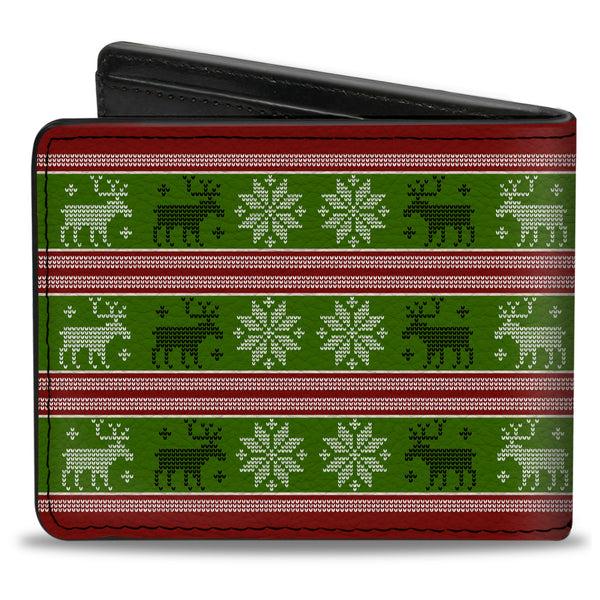 Buckle-Down Bi-Fold Wallet - Christmas Stitch Moose Snowflakes Red Green