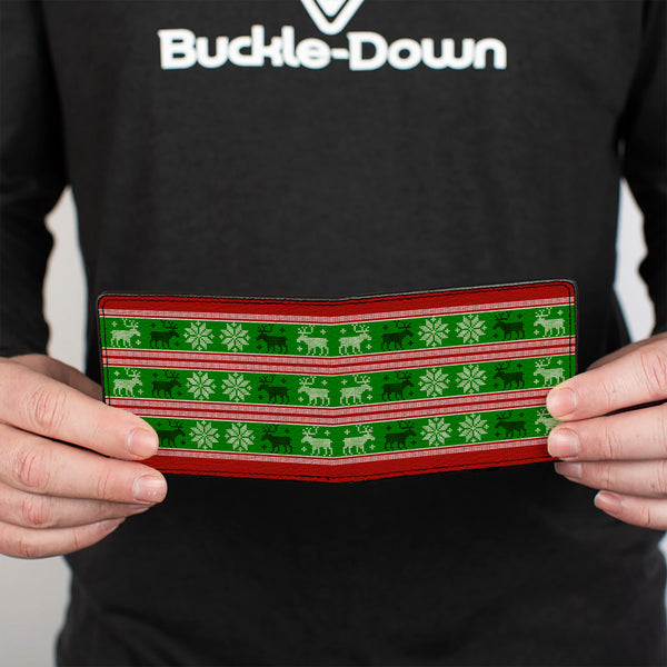 Buckle-Down Bi-Fold Wallet - Christmas Stitch Moose Snowflakes Red Green