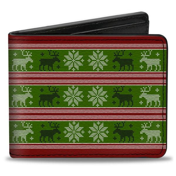 Buckle-Down Bi-Fold Wallet - Christmas Stitch Moose Snowflakes Red Green