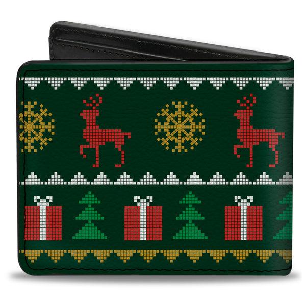 Buckle-Down Bi-Fold Wallet - Christmas Sweater Stitch Green White Gold Red