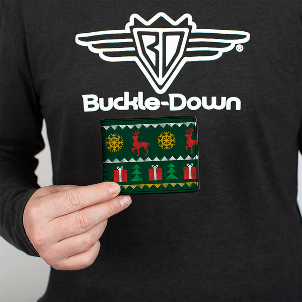 Buckle-Down Bi-Fold Wallet - Christmas Sweater Stitch Green White Gold Red