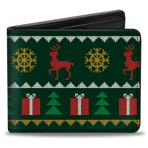 Buckle-Down Bi-Fold Wallet - Christmas Sweater Stitch Green White Gold Red